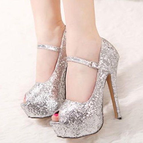 silver peep toe heels with ankle strap