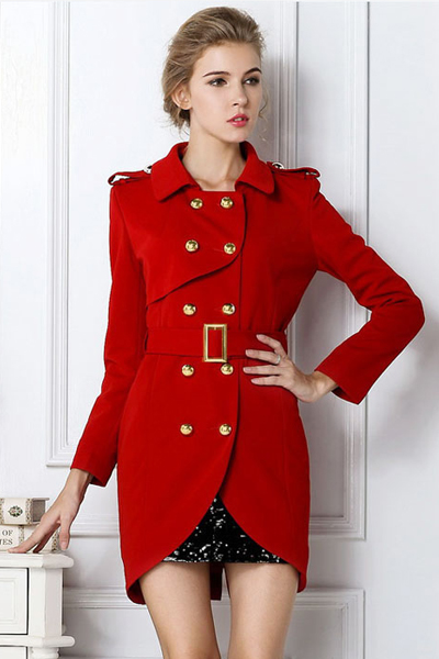 Turndown Collar Long Sleeve Double Breasted Trench Red Polyester Coat ...