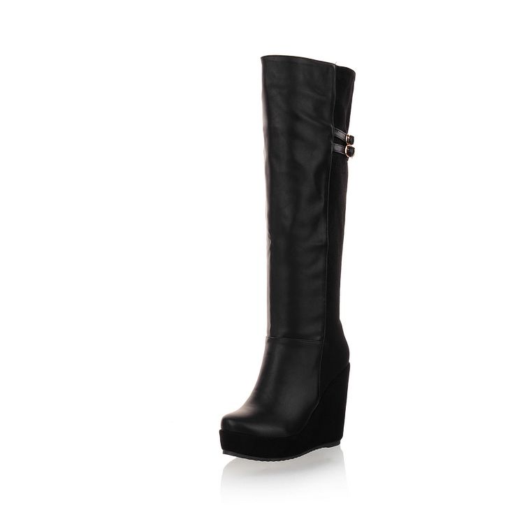 black pu buckle detail chunky over the knee boots