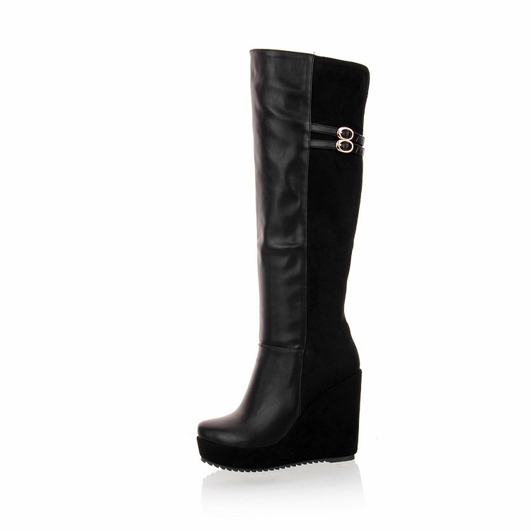 black pu buckle detail chunky over the knee boots
