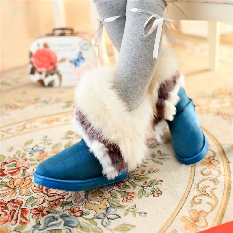 Winter Round Toe Flat Low Heel Slip On Ankle Feathers Blue PU Snow ...