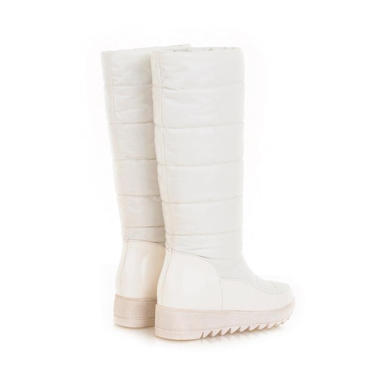 Winter Round Toe Flat Mid Heel Slip On Knee High White PU Snow Boots ...