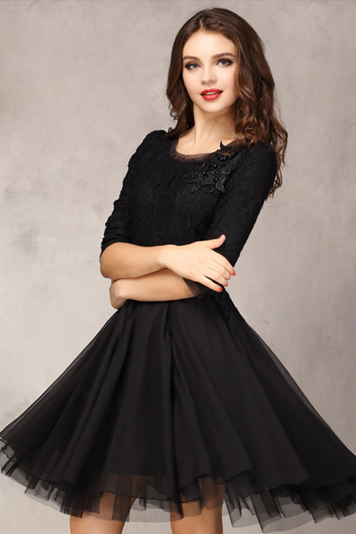 Fashion O Neck Half Sleeve Pleated Black Lace Mini Dress_Dresses ...