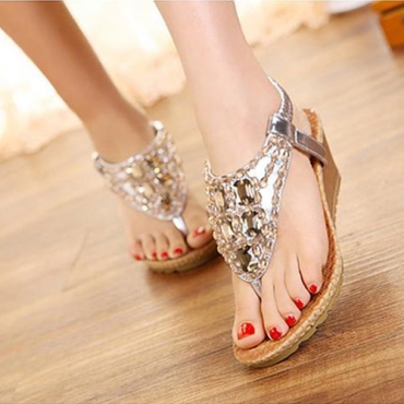 Fashion Wedge Mid Heel Flip Flops Silver PU Sandals_Sandals_Shoes ...