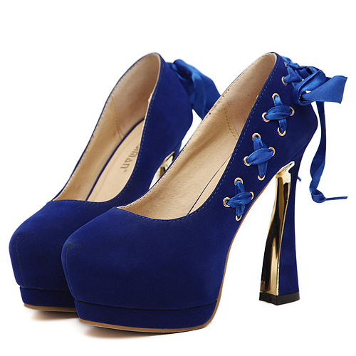 Fashion Round Toe Closed Stiletto High Heel Blue PU Basic Pumps_Pumps_Shoes_LovelyWholesale 
