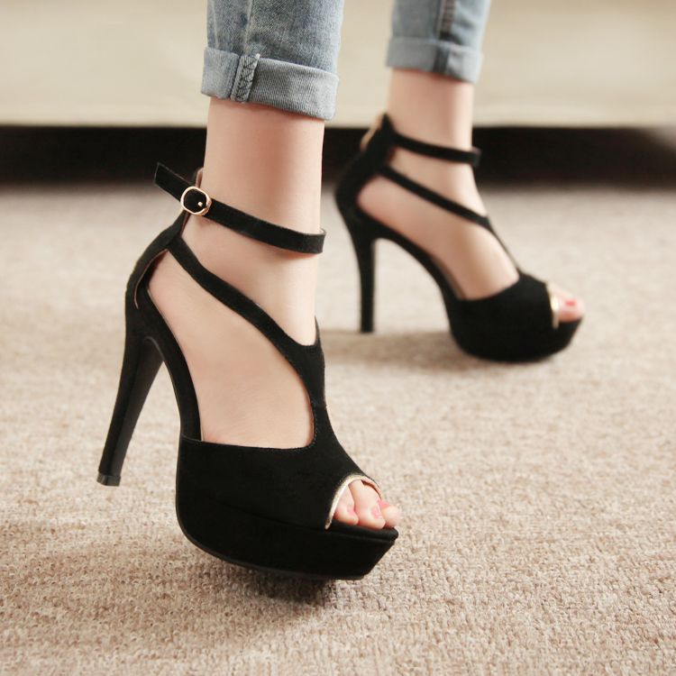 Download Fashion Stiletto High Heel T Strap Black PU Sandals ...