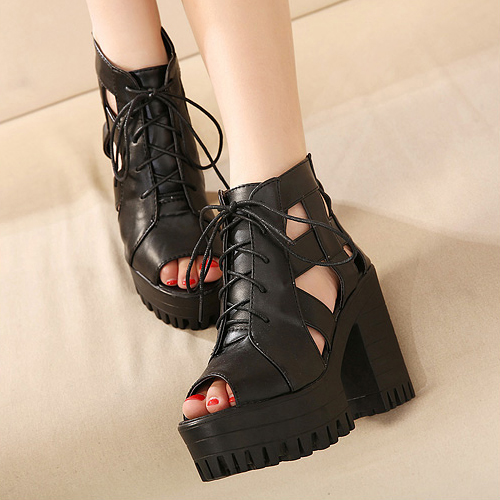 Fashion Chunky High Heel Ankle Strap Black PU Sandals