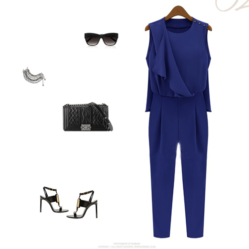 New Style Woman Solid Regular Blue Cotton Jumpsuits_Jumpsuits