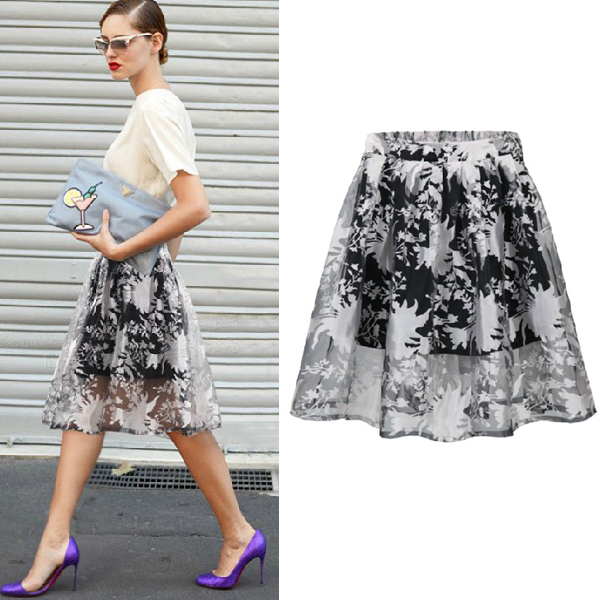 Fashion Floral Pleated Knee Length Black Chiffon Skirt_Skirts_Bottoms ...