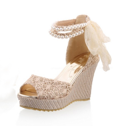 Fashion Wedge High Heel Ankle Strap Beige PU Sandals_Sandals_Shoes ...