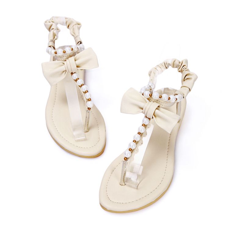 Fashion Flat Low Heel T Strap Beige PU Sandals_Sandals_Shoes ...
