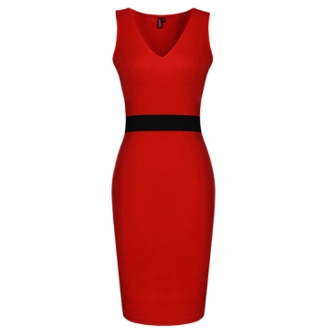 New Style V Neck Tank Sleeveless Sheath Red Polyester Pencil Mini Dress ...