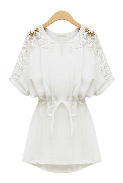 Fashion O Neck Half Sleeve Waist White Cotton Mini Dress_Dresses ...