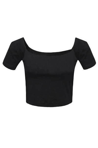 Sexy Bateau Neck Short Sleeves Solid Black T-shirt_T-shirt_Top ...