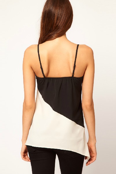 Sexy V Neck Spaghetti Strap Sleeveless Patchwork Bow Embellished Chiffon Blouse_Blouses&Shirts