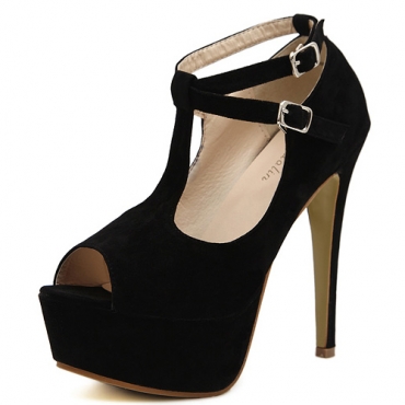 black platform high heels with ankle strap