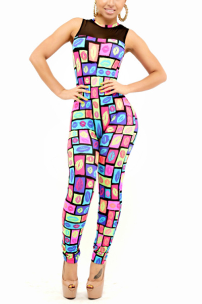 Sexy O Neck Tank Sleeveless Patchwork Zipper Designed Print Polyester One Piece Bodycon Jumpsuit 8496