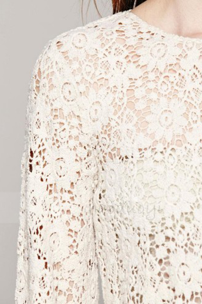 Cheap Sexy O Neck Long Sleeves Back Single-breasted White Floral Lace ...