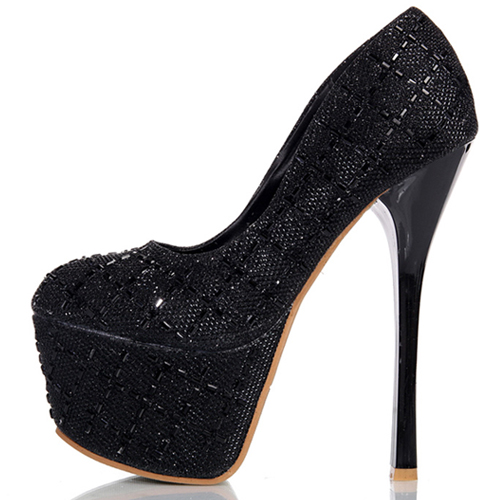 Cheap Fashion Round Closed Toe Beads Embellished Platform Stiletto Super High Heel Black PU 
