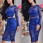 Cheap Sexy O Neck Long Sleeves Patchwork Blue Lace