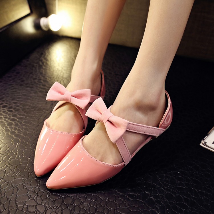 Cheap Fashion Pointed Peep Toe Bowknot Pink PU Low Heel Flats_Flats ...