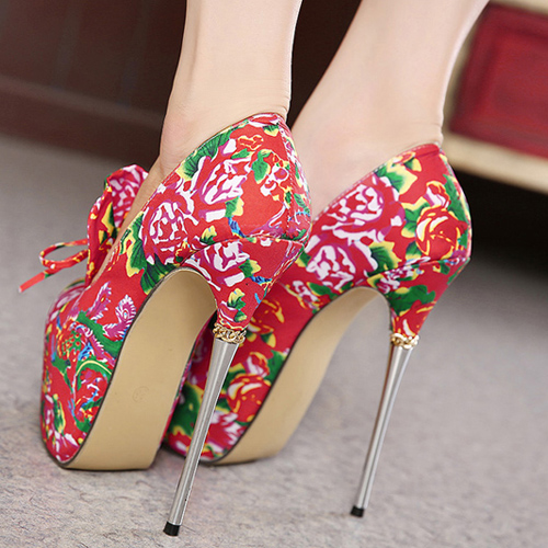 Fashion Round Closed Toe Floral Print Stiletto Super High Heels Red PU ...