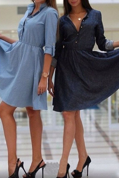 Fashion Turndown Collar Half Sleeves Black Polyester Knee Length Women Dress