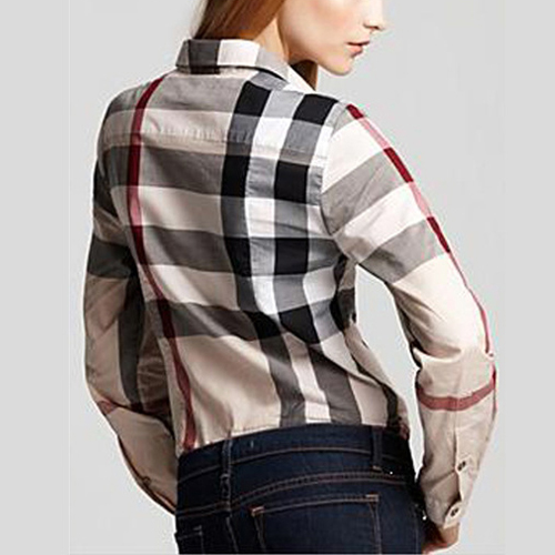 tops hot New Style Turndown Collar Long Sleeves Plaids Print Polyester ...