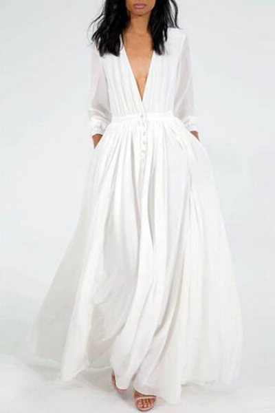 Fashion V Neck Long Sleeves White Polyester Ankle Length Dress_Dresses ...