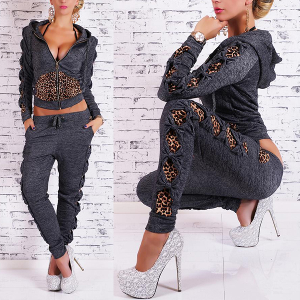 Casual Long Sleeves Leopard Patchwork Black Two-piece Regular Cardigan ...
