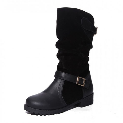 Spring Autumn Round Toe Flat Mid Heel Black PU Slip On Mid Calf Buckle Cavalier Boots