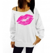 Casual Long Sleeves Lips Print White Cotton Blend 
