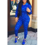 Fashion Casual Print Blue Polyester Skinny Jumpsui