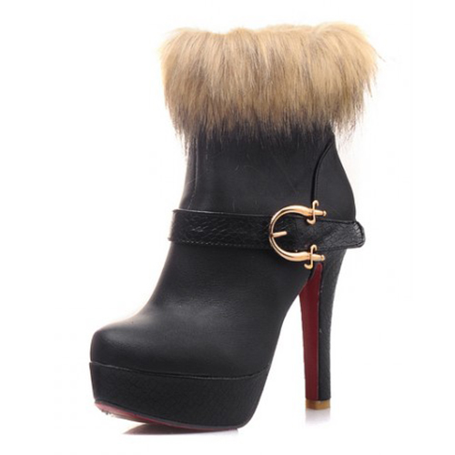 Winter Round Toe Buckle Zipper Design Stiletto Super High Heel Black PU Ankle Martin Boots