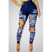 Stylish High-Waisted Hollow-out Design Blue Denim 