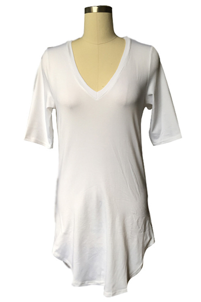 Casual V Neck Short Sleeves Asymmetrical Solid White Blending T-shirt_T ...