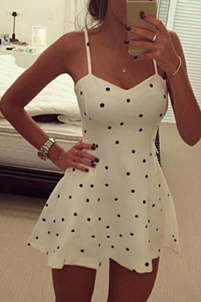 Sexy V Neck Spaghetti Strap Sleeveless Polka Dots Print White Spandex Mini Dressdresses 6200