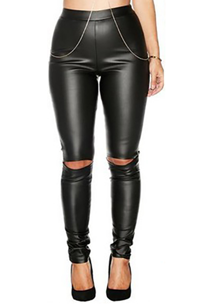 Sexy Broken Holes Design Solid Black PU Skinny Pants_Pants_Bottoms_LovelyWholesale | Wholesale ...