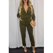 Trendy V Neck Long Sleeves Solid Army Green Polyes