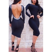 Sexy O Neck Long Sleeves Back Hollow-out Navy Blue