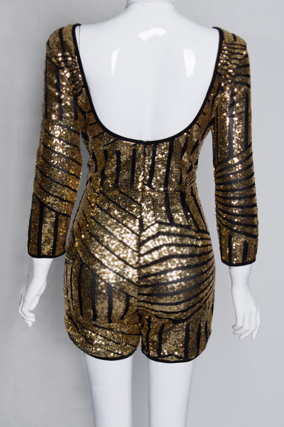 Womens Jumpsuit Sexy O Neck Long Sleeves Back Hollow-out Gold Sequined ...