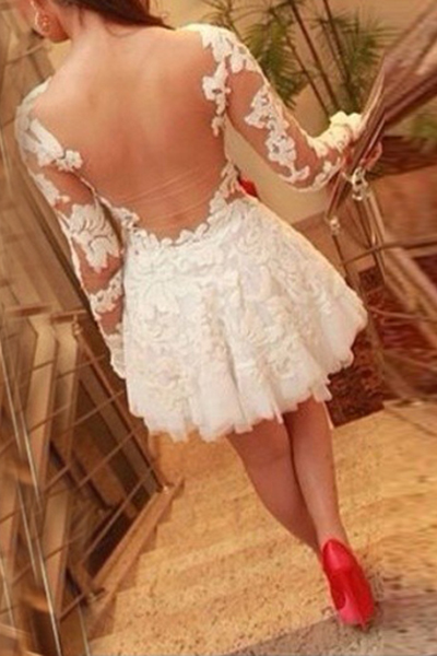 Sexy O Neck Long Sleeves Mesh Lace Patchwork White Mini Dressdresseslovelywholesale 8341
