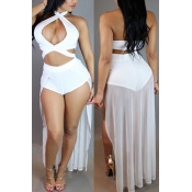 Sexy Halter Neck Hollow-out Asymmetrical White Pol