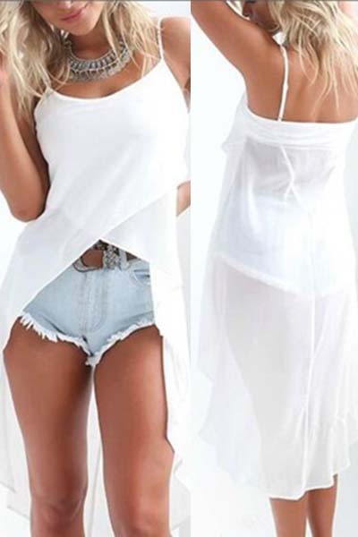Trendy Round Neck Sleeveless Asymmetrical White Cotton Tops