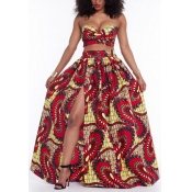 Trendy Strapless Printed High Split Red Qmilch Two