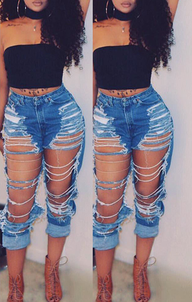 Trendy High Waist Broken Holes Blue Denim Pants