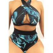 Sexy Cross Bandage Printed Hollow-out Blue Polyest