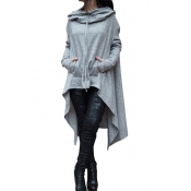 Leisure Long Sleeves Hooded Design Asymmetrical Li