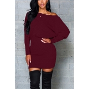 Contracted Style Bateau Neck Long Sleeves Wine Red