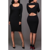 Charismatic Round Neck Long Sleeves Hollow-out Bla